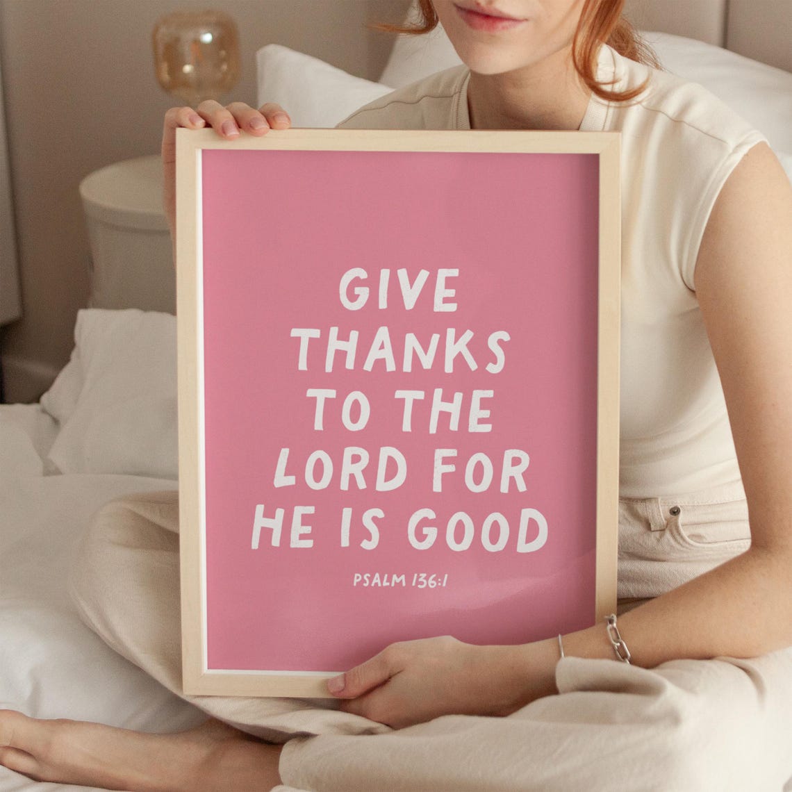 Give Thanks to the Lord for He Is Good Psalm 136:1 Pink Poster - Image 3