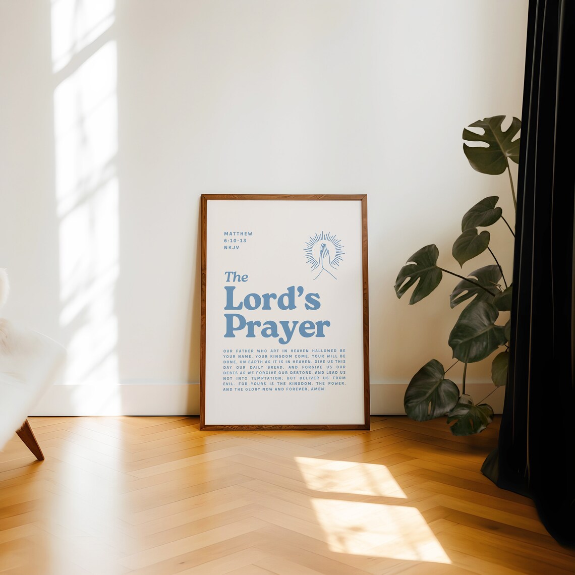 The Lords Prayer Matthew 6 10 13 Blue Retro Praying Hands Christian Wall Poster - Image 3