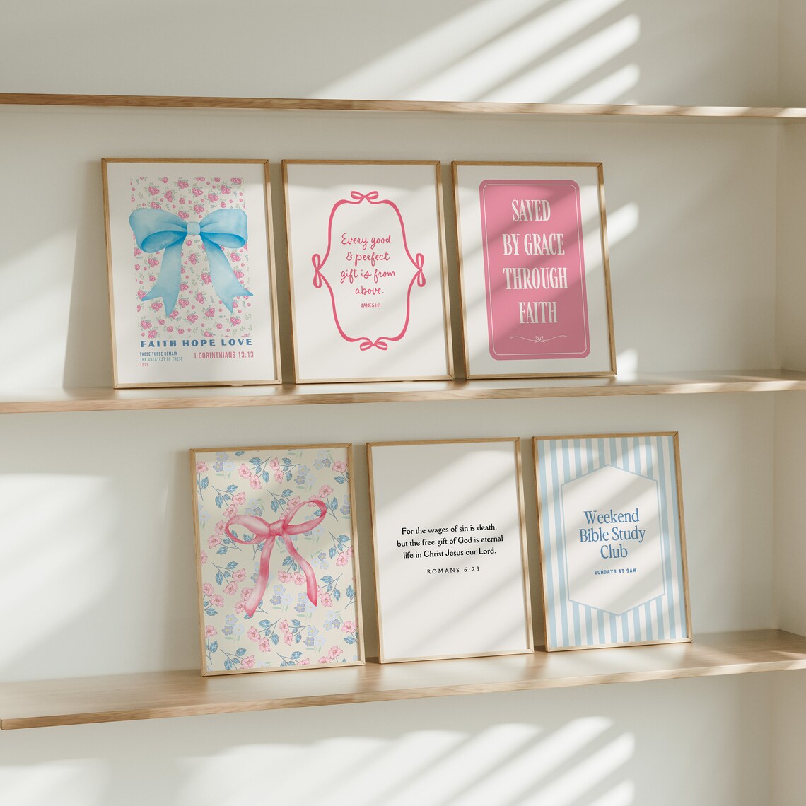 Coquette Christian Gallery Wall Art Set Six Pink Bow Floral Scripture Verses - Image 4