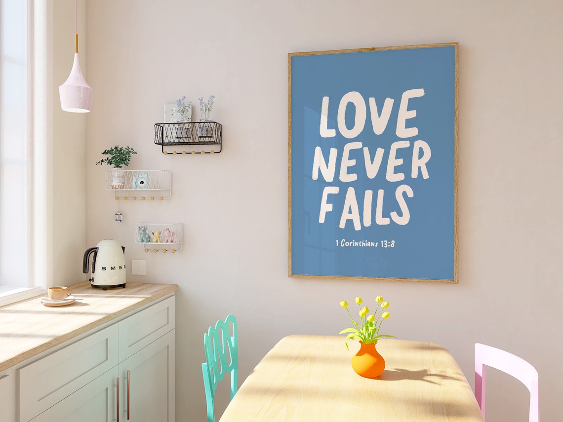 Love Never Fails 1 Corinthians 13:8 Blue Bold Quote Christian Wall Art - Image 4