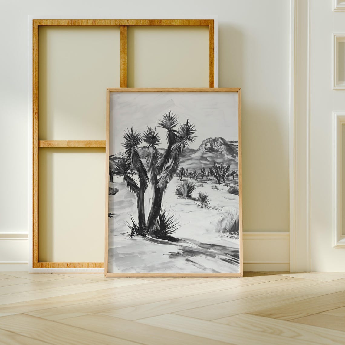 Joshua Tree Desert Black White Minimalist Landscape Sketch Poster - Image 3