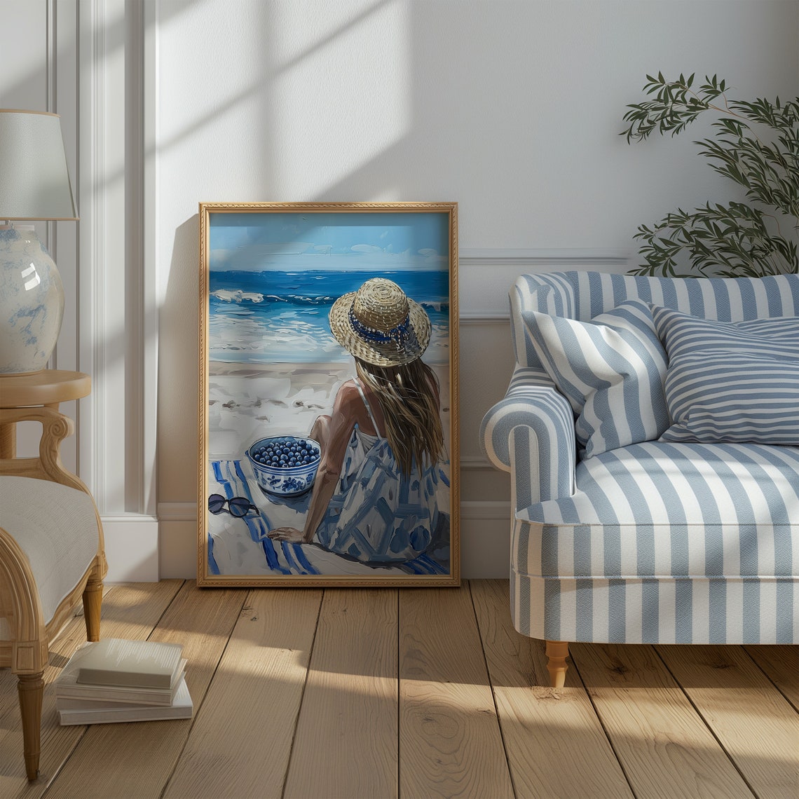 Beach Girl Straw Hat Blueberry Bowl Coastal Cowgirl Scene Poster - Image 3