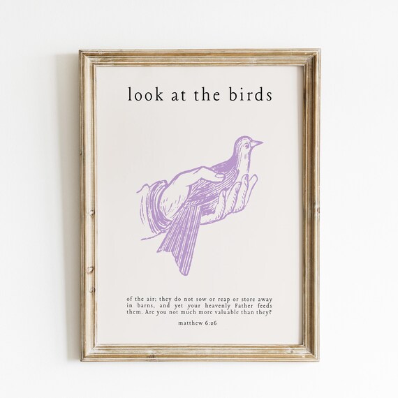 Look At the Birds Matthew 6:26 Purple Bird In Hand Vintage Poster