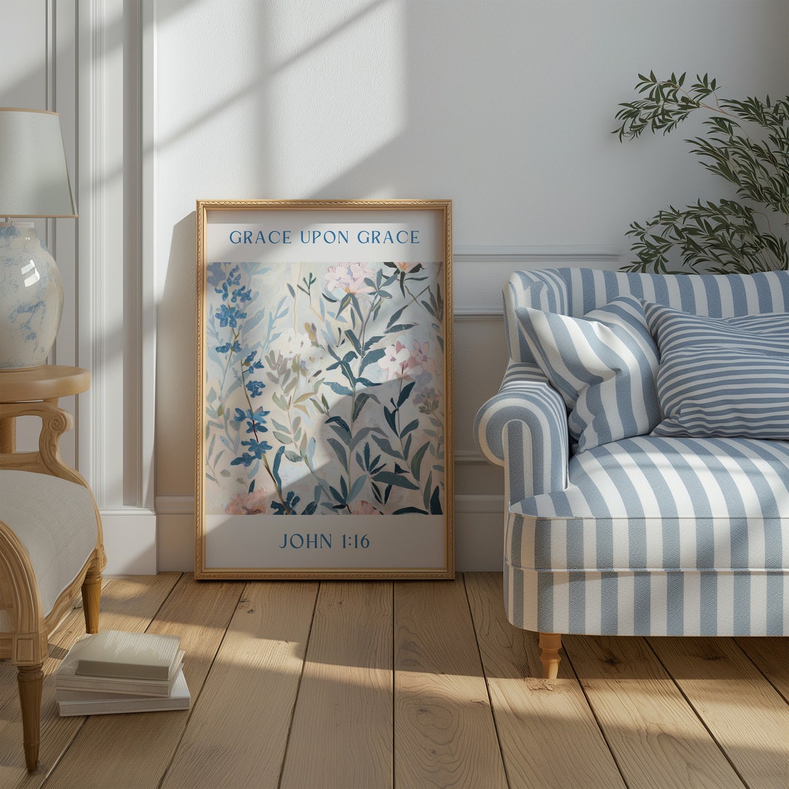 John 1:16 Grace Upon Grace Blue Wildflower Watercolor Bible Poster - Image 4
