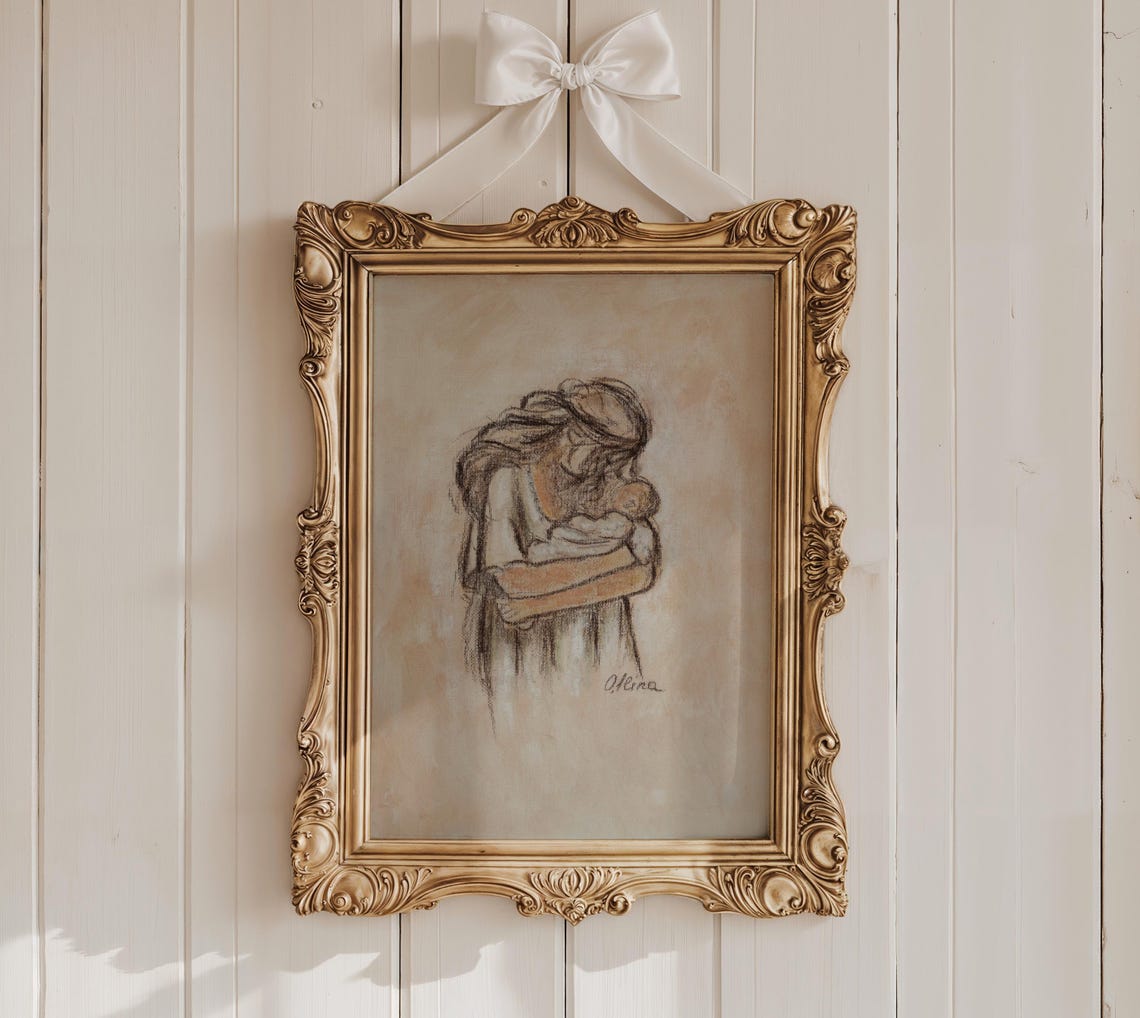 Mother Cradling Her Newborn Abstract Sketch Nursery Art Poster - Image 2