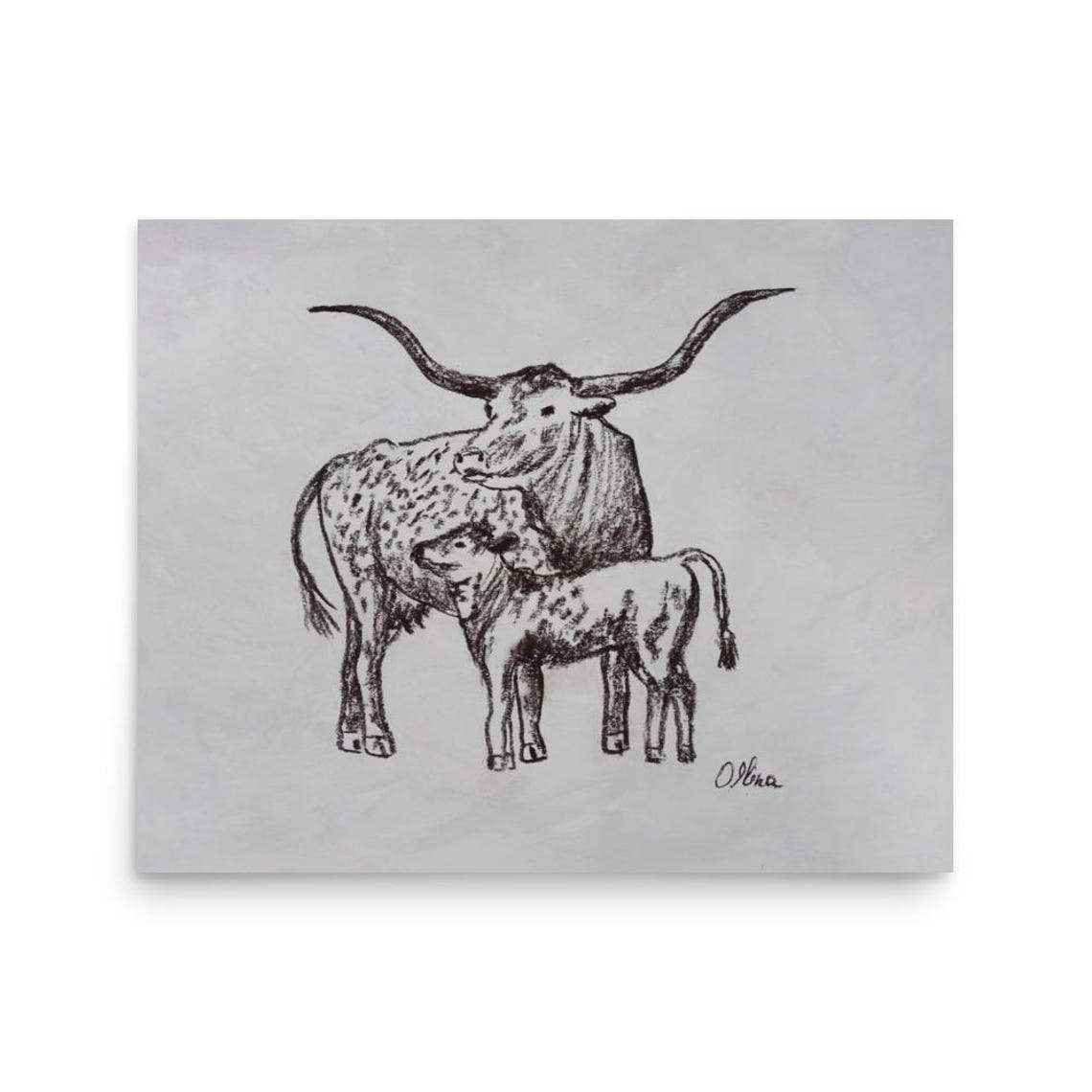 Texas Longhorn Cow Standing With Her Calf Charcoal Art Poster - Image 3