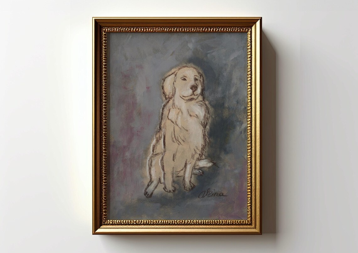 Seated Golden Retriever Puppy in Soft Oil Painting Art Poster