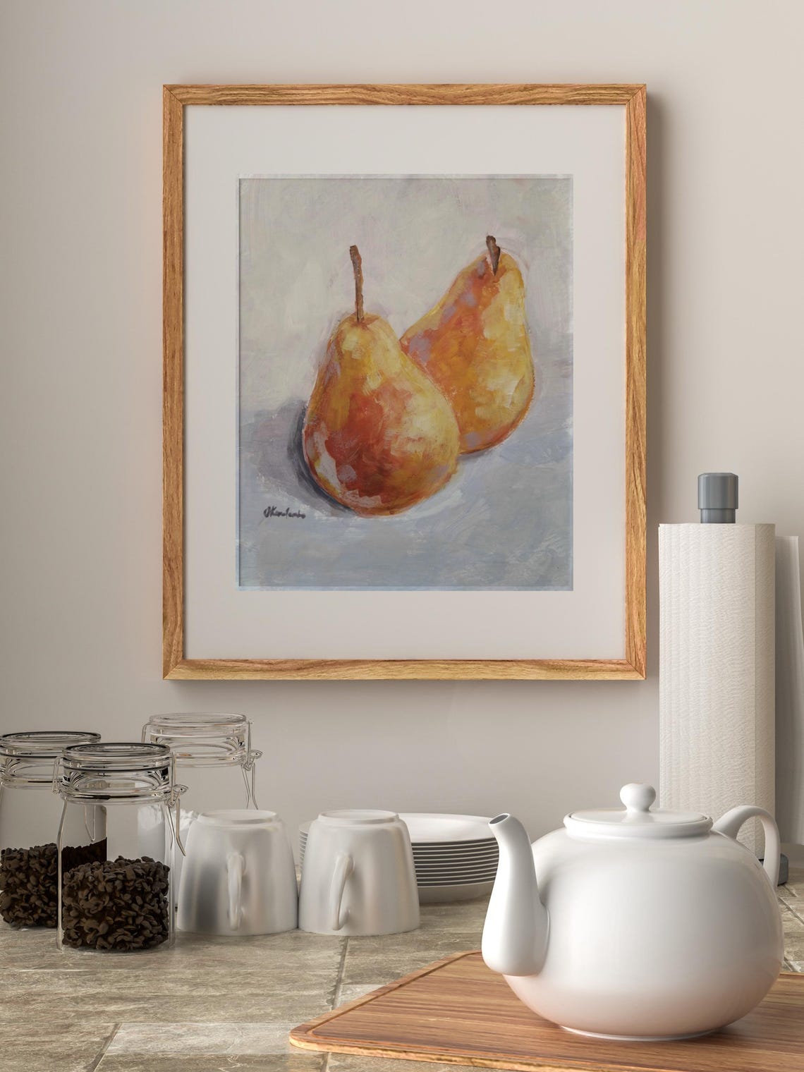 Two Golden Pears Glowing in a Warm Oil Painting Still Life Art Poster - Image 2