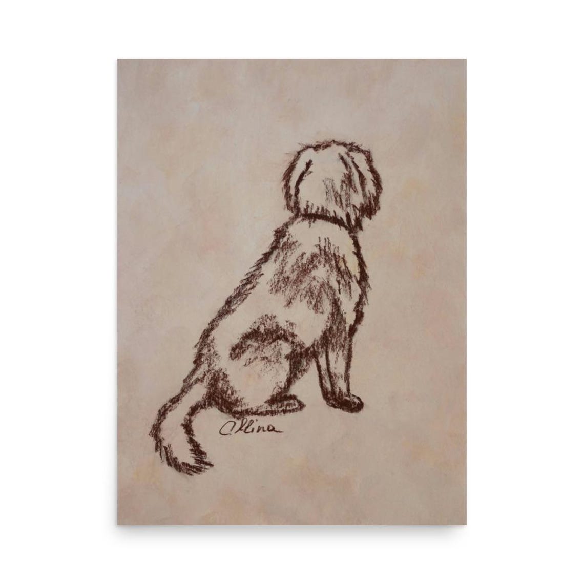 Golden Puppy Sitting From Behind Ink Sketch Poster Sweet Dog Artwork - Image 3