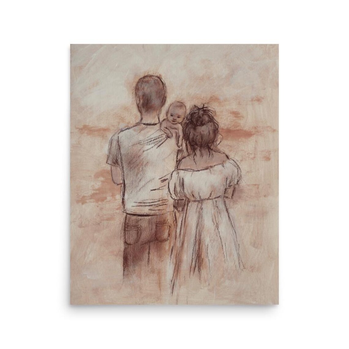 Parents with Baby Watercolor Sketch Family Love Neutral Art Poster - Image 3