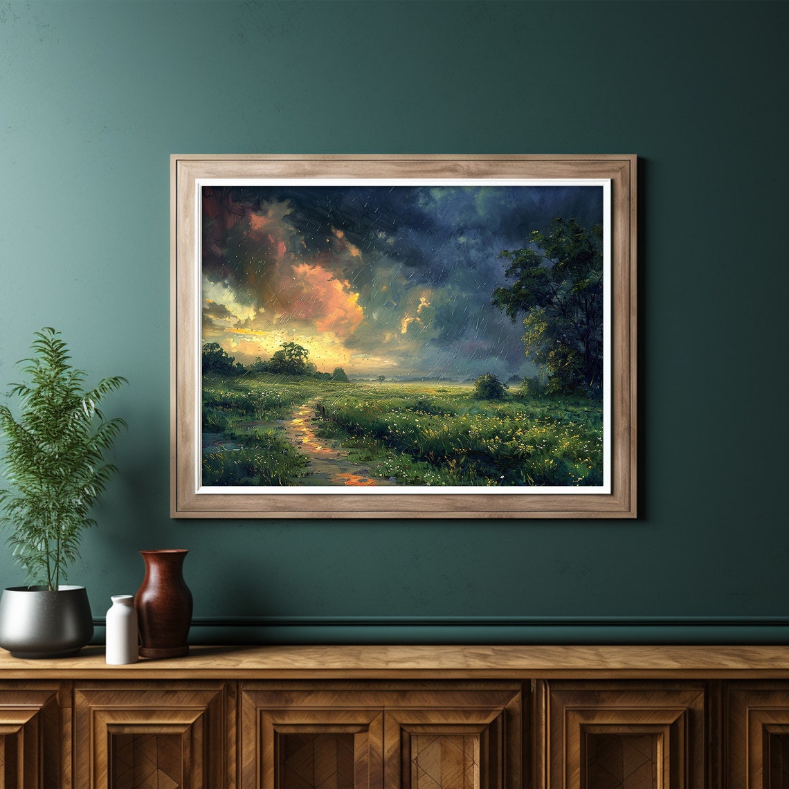 Rain Painting Rustic Rainy Meadow Landscape Print Rainy Field Art Dark Moody Art - Image 6