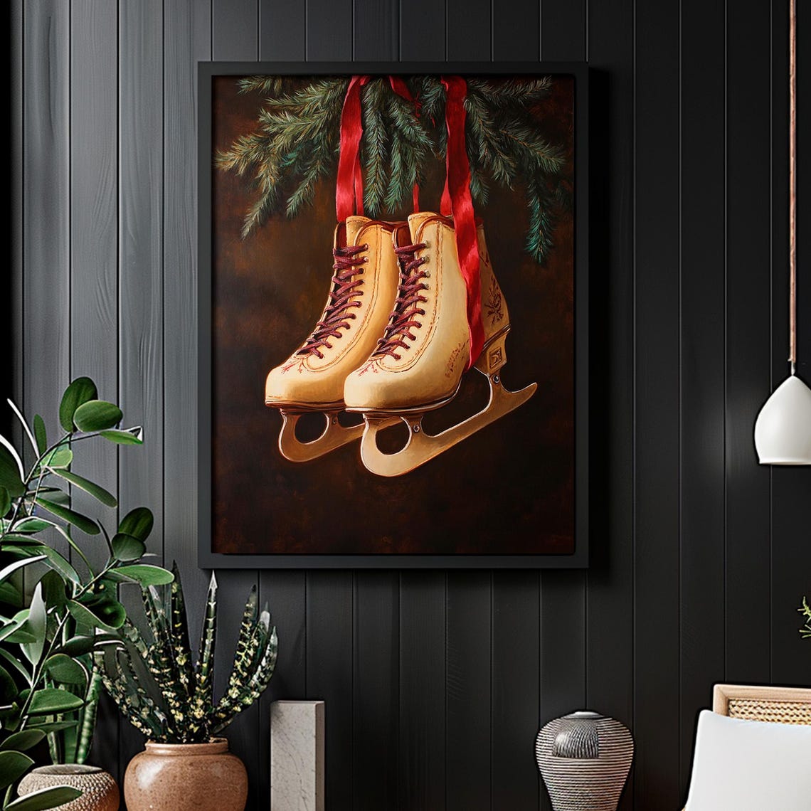 Vintage Ice Skates Christmas Hanging Evergreen Red Ribbon Wall Art - Image 2