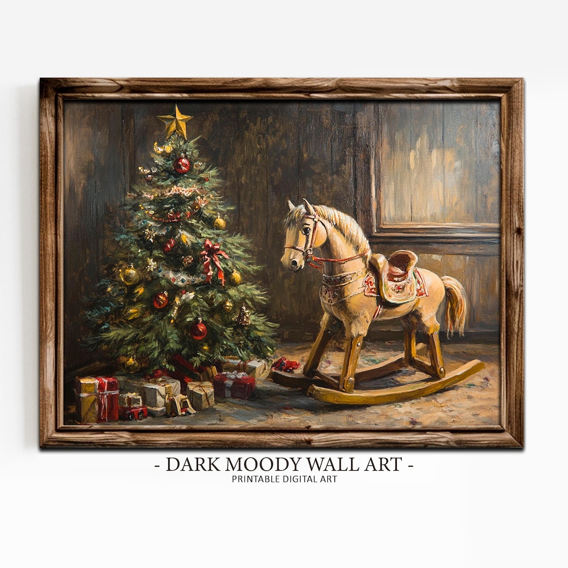 Vintage Rocking Horse Beside Decorated Christmas Tree Wall Art