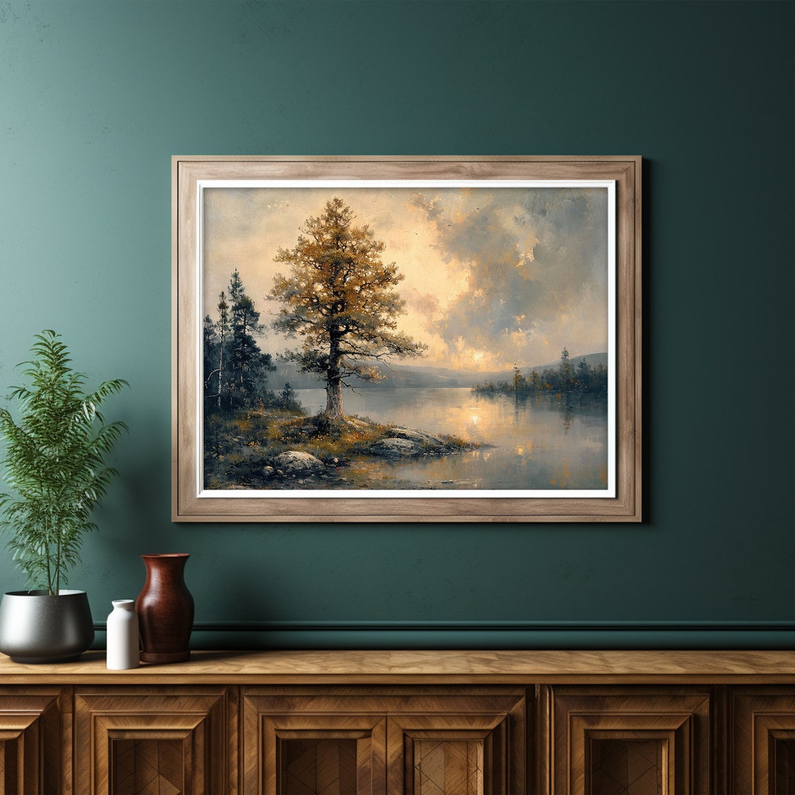 Lone Golden Tree Lake Sunset Rocks Moody Nature Landscape Poster - Image 6