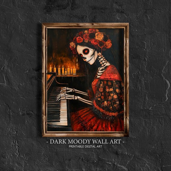 Day of the Dead Catrina Playing Piano Candlelight Sugar Skull Portrait Poster