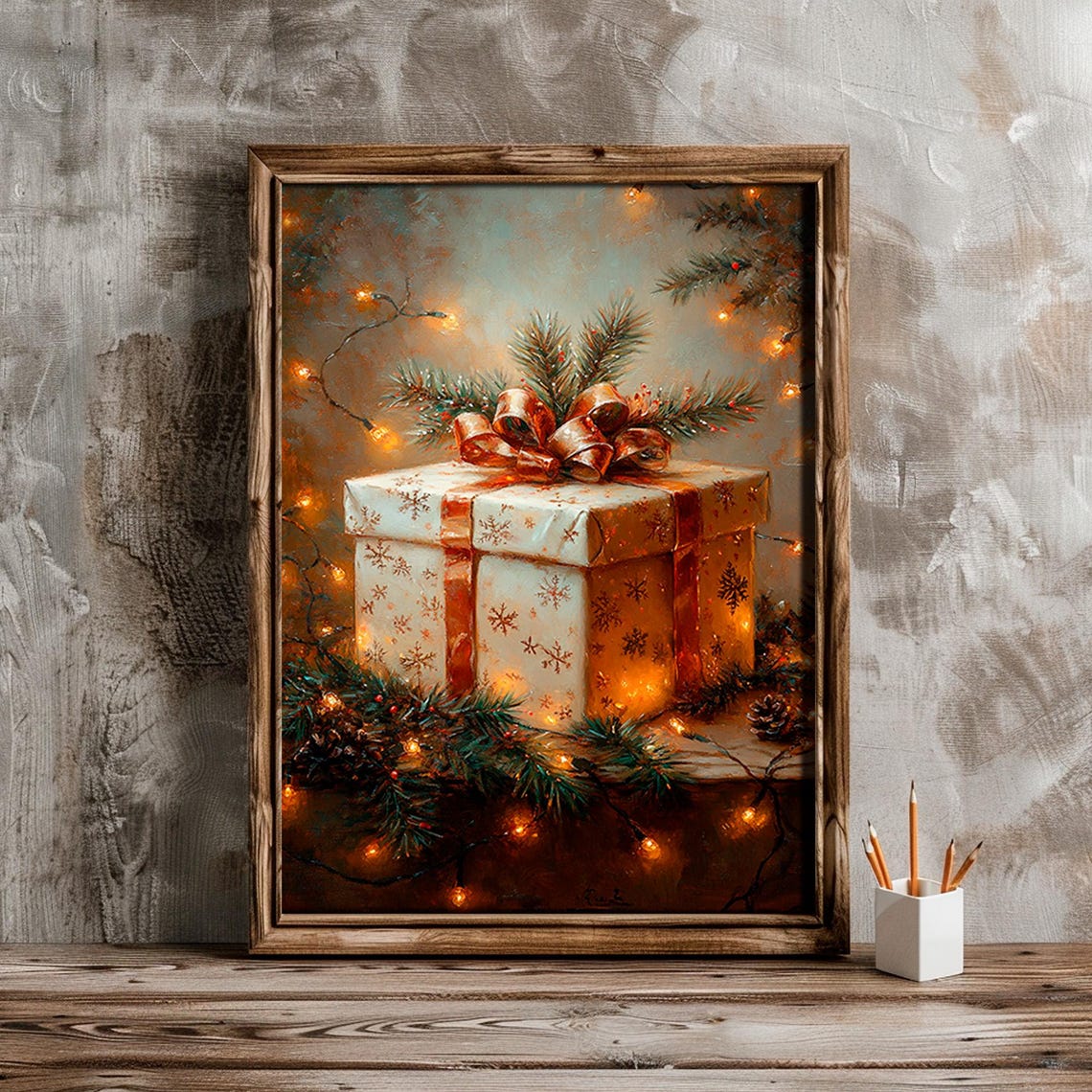 Copper Bow Gift Box Pine Fairy Lights Rustic Christmas Poster - Image 6