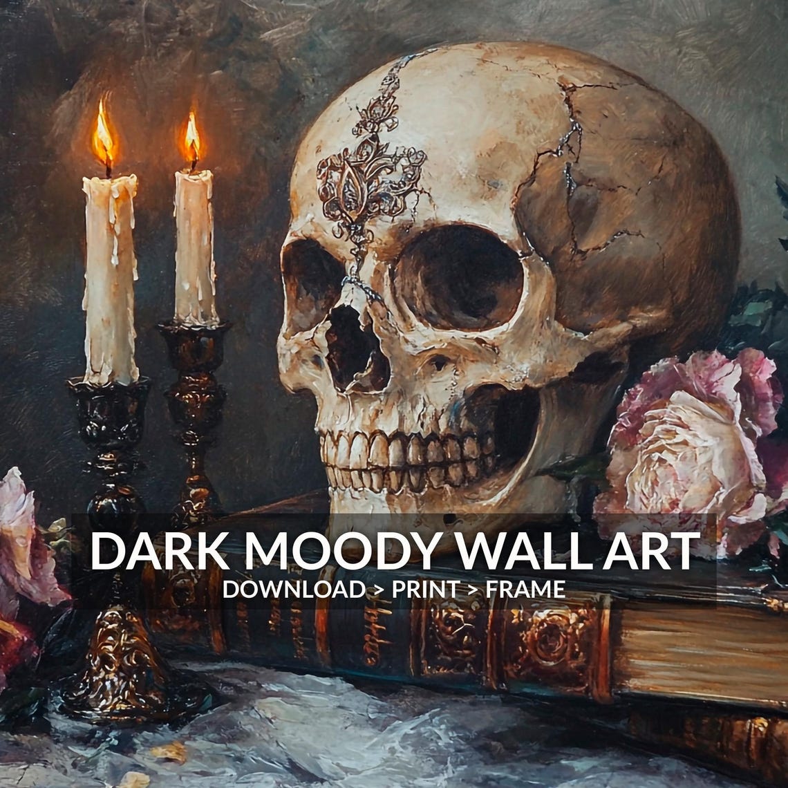 Gothic Skull With Burning Candles and Roses Dark Moody Wall Art - Image 2