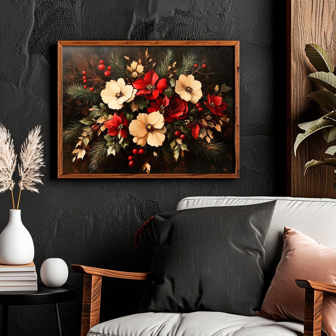 Christmas Red White Floral Bouquet Pine Berries Painting Poster - Image 4