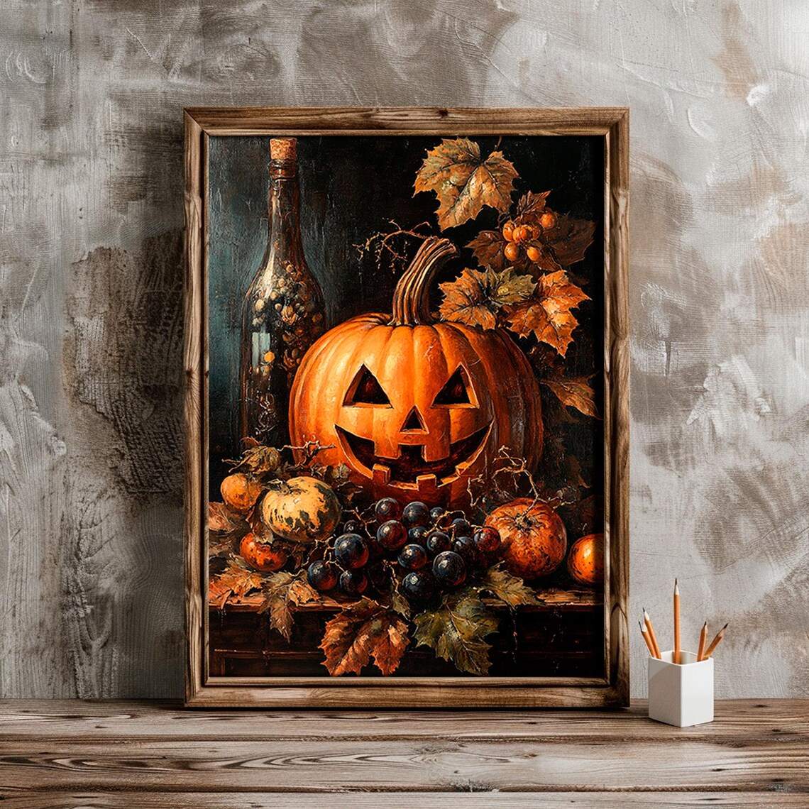 Jack-o-Lantern Still Life With Grapes Autumn Leaves Vintage Halloween Poster - Image 2