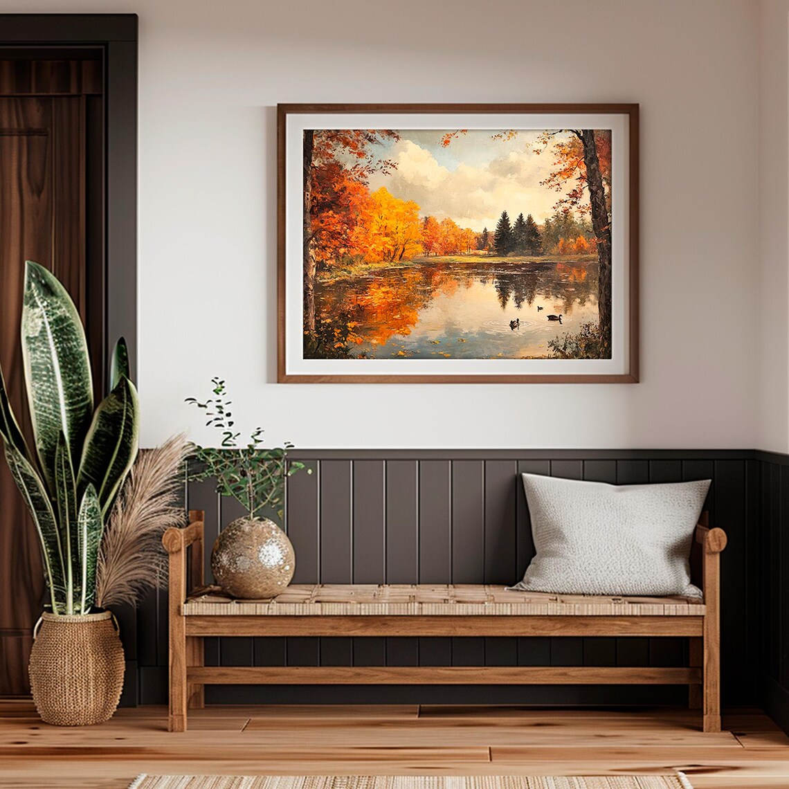 Autumn Lake With Ducks Fiery Fall Foliage Reflection Landscape Painting Poster - Image 2