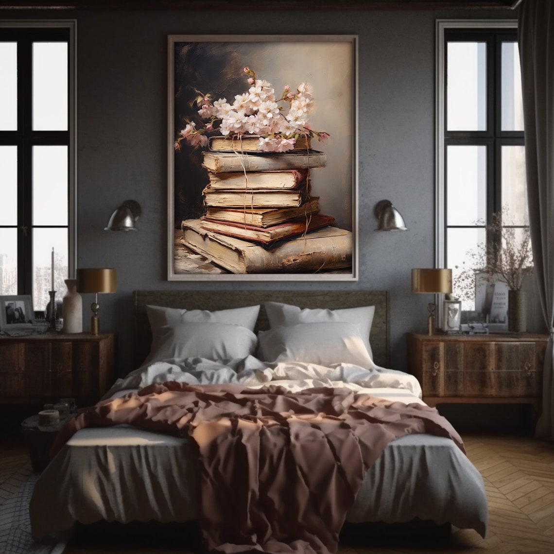 Antique Books Stack White Blossoms Vintage Library Decor Poster - Image 4