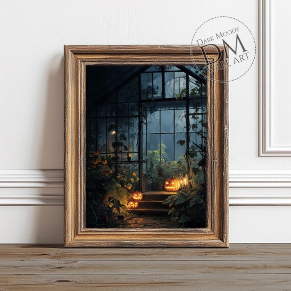 Jack O Lantern Greenhouse Wall Art Pumpkin Halloween Print