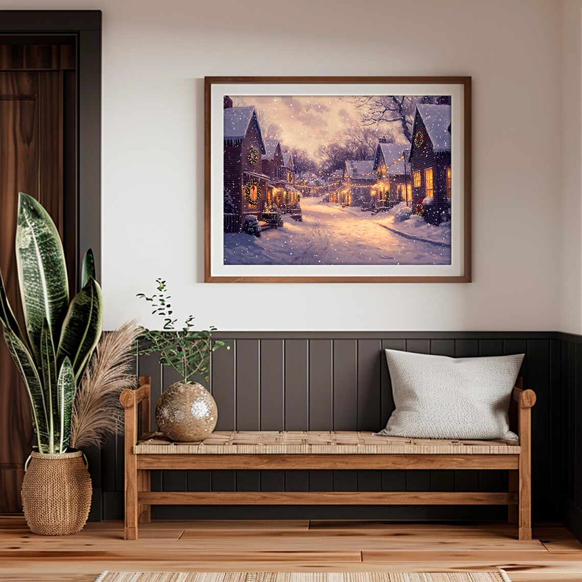 Snowy Village Street Twilight Wreaths String Lights Painting Poster - Image 2