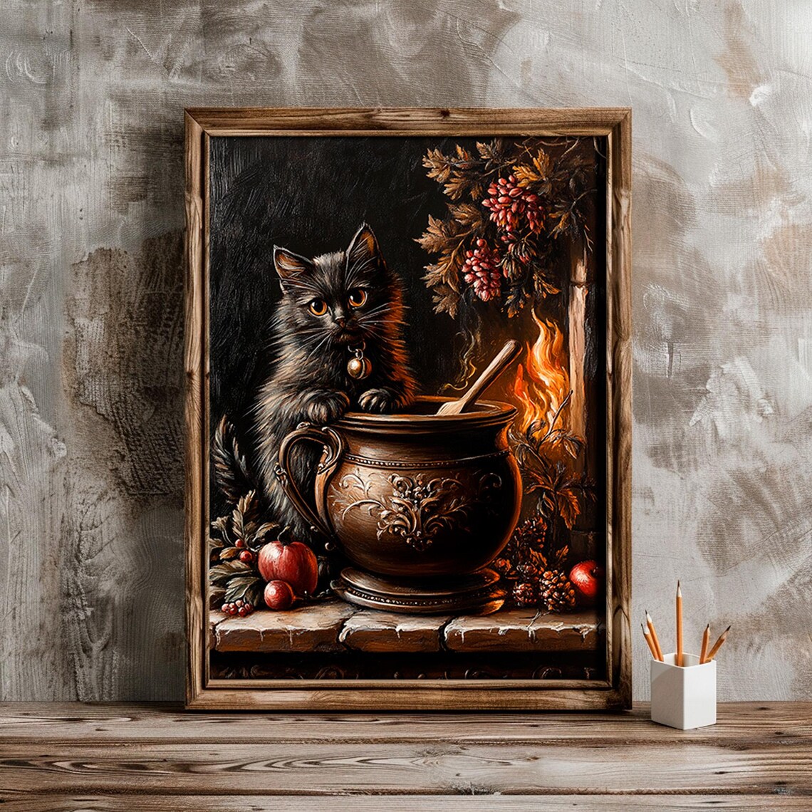 Black Cat in Witch Cauldron Copper Pot Autumn Berries Spooky Halloween Poster - Image 2