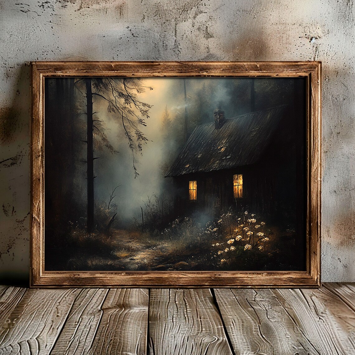 Foggy Forest Cabin Glowing Windows Mysterious Night Moody Art Poster - Image 2