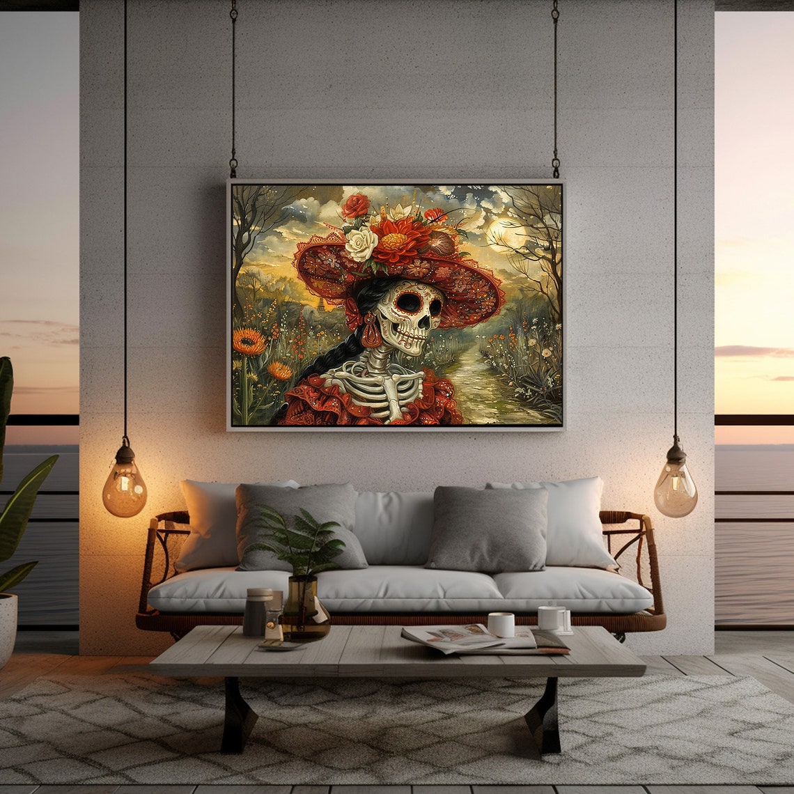 Catrina Red Flower Hat Moonlit Garden Dia de los Muertos Poster - Image 2