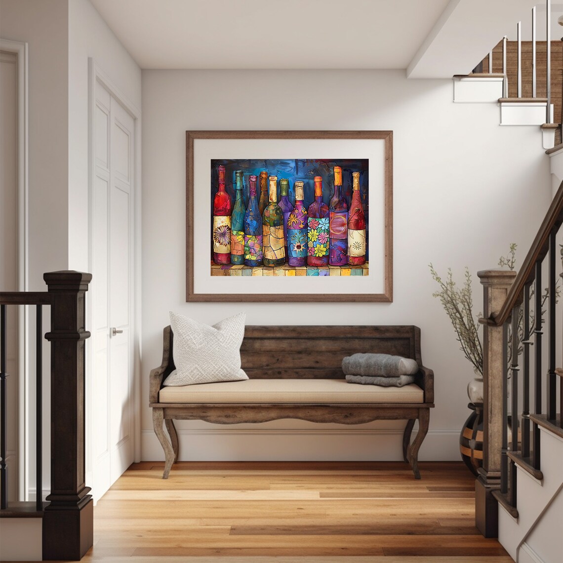 Colorful Painted Wine Bottles With Floral Patterns Vibrant Bar Art Poster - Image 4