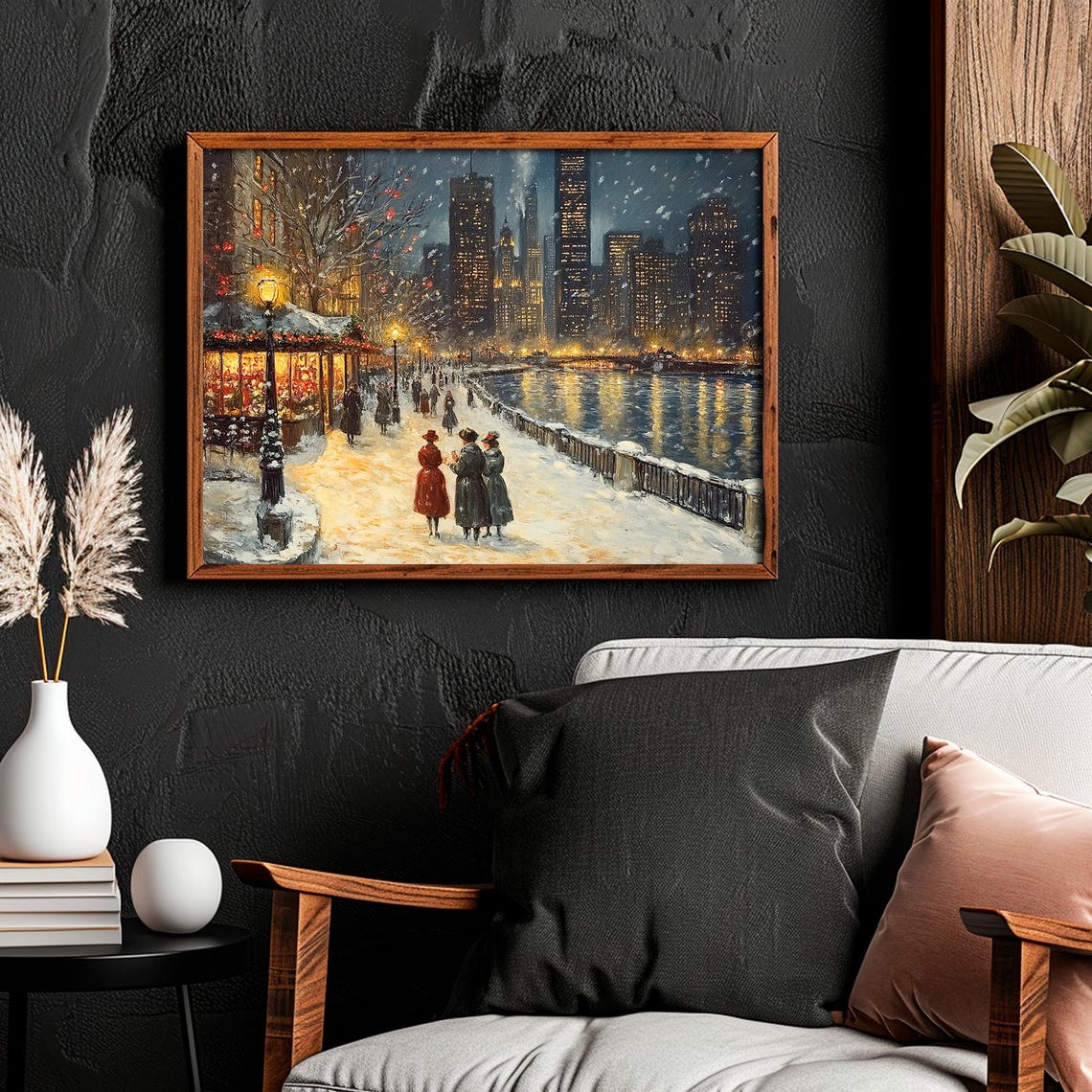 Victorian Riverfront Winter Night Shops Glowing Snow Walk Poster - Image 5