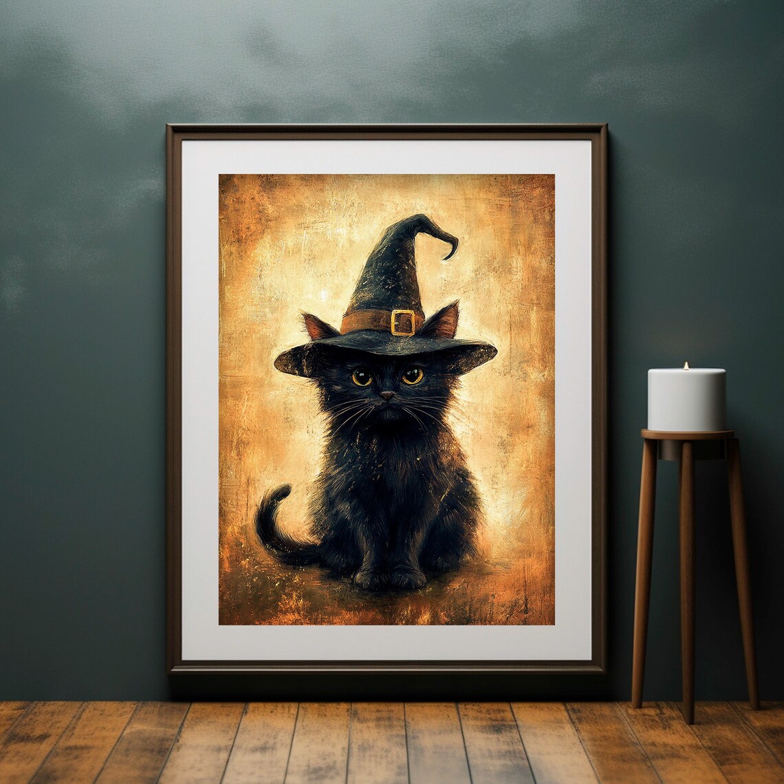 Black Cat Wearing Witch Hat Golden Vintage Painting Art Print - Image 4
