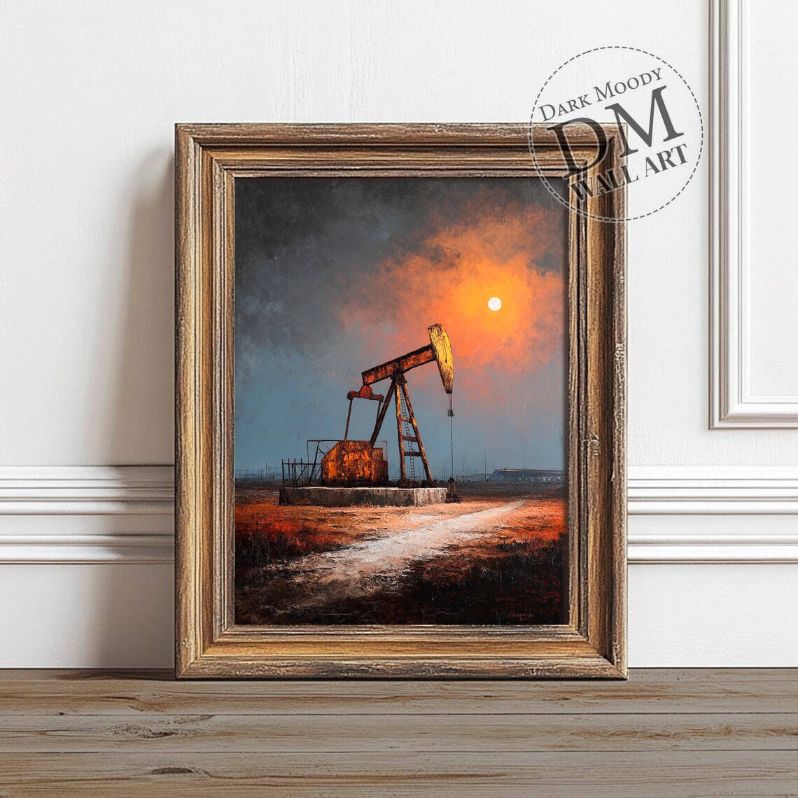 Oil Pumpjack Moody Orange Sunset Industrial Field Painting Wall Art