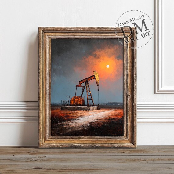 Oil Pumpjack Moody Orange Sunset Industrial Field Painting Wall Art