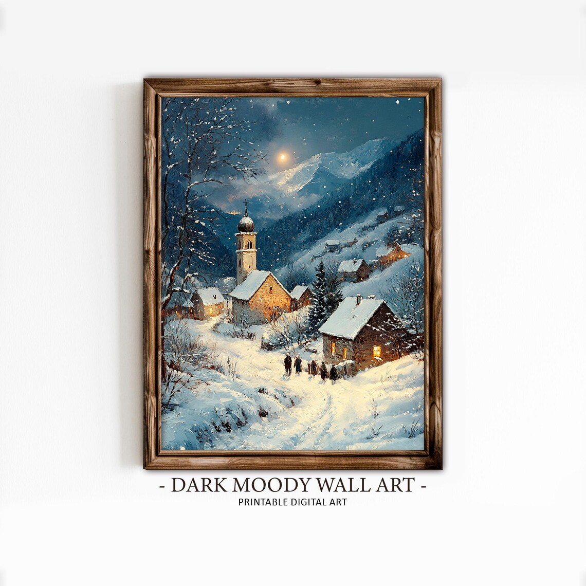 Alpine Village Moonlit Snow Night Winter Landscape Painting Poster