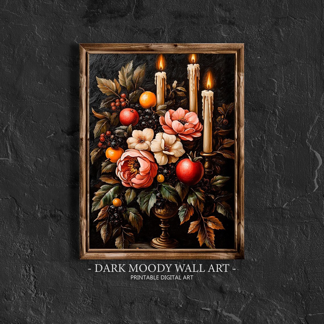 Flowers Candles Fruit Dark Moody Still Life Oil Art Decor Poster