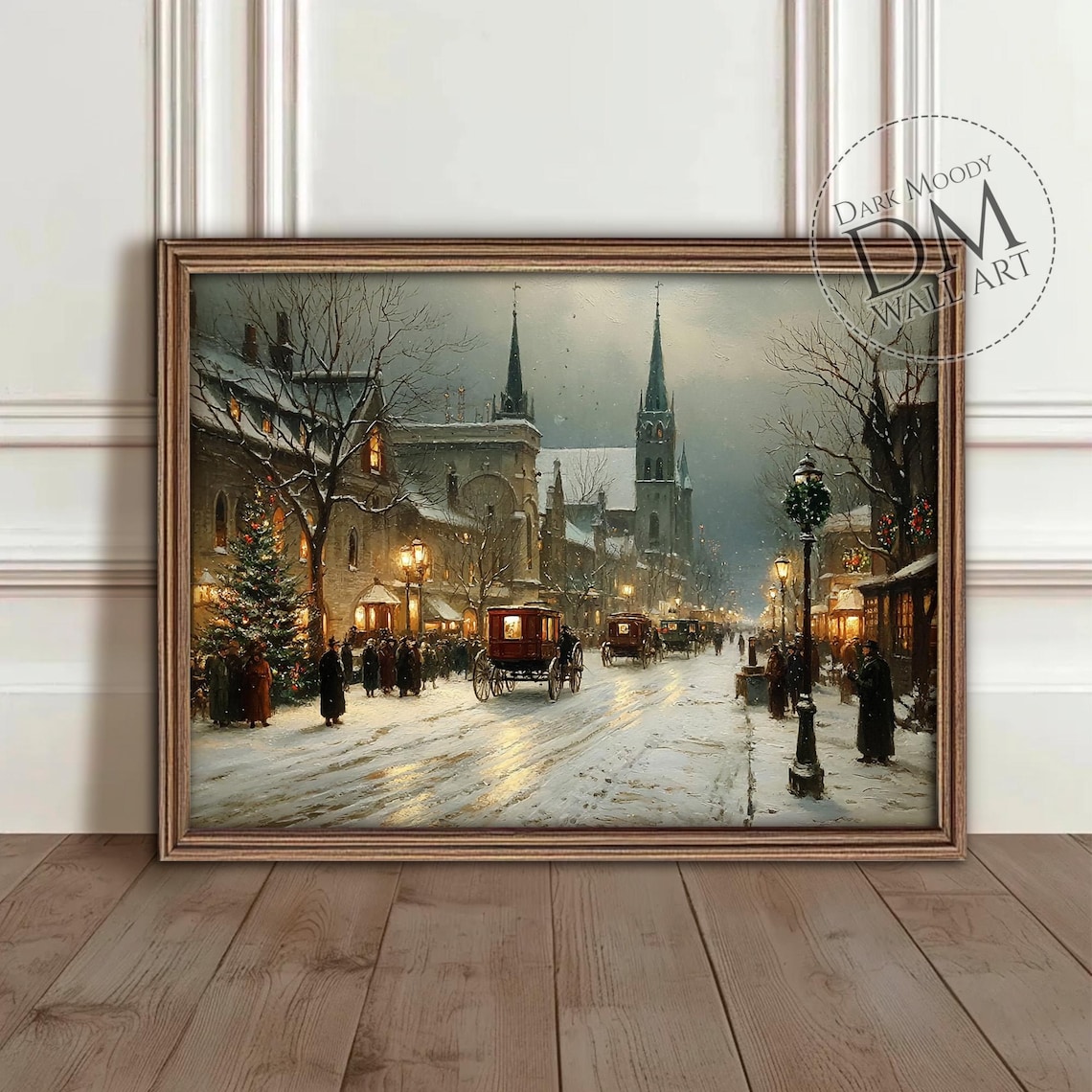 Victorian Christmas Church Street Snowy Winter Town Art Poster