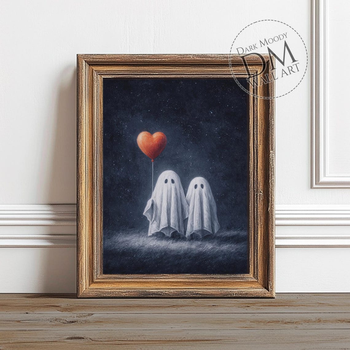 Gothic Ghost Couple Red Heart Balloon Starry Night Halloween Wall Art