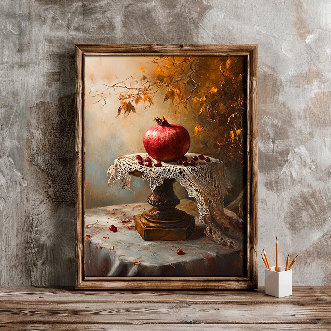 Pomegranate On Lace Pedestal Autumn Fruit Still Life Wall Art - Image 6