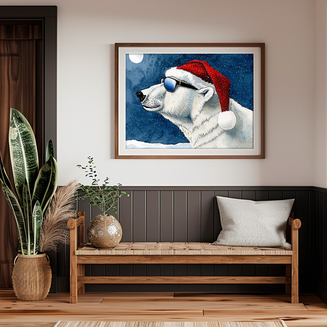 Polar Bear Santa Hat Sunglasses Snowy Night Whimsical Animal Poster - Image 5