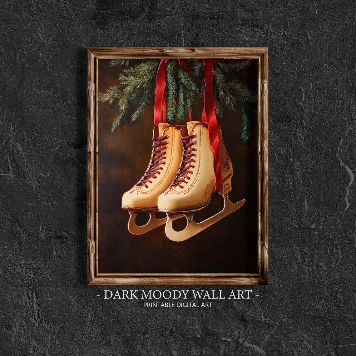 Vintage Ice Skates Christmas Hanging Evergreen Red Ribbon Wall Art