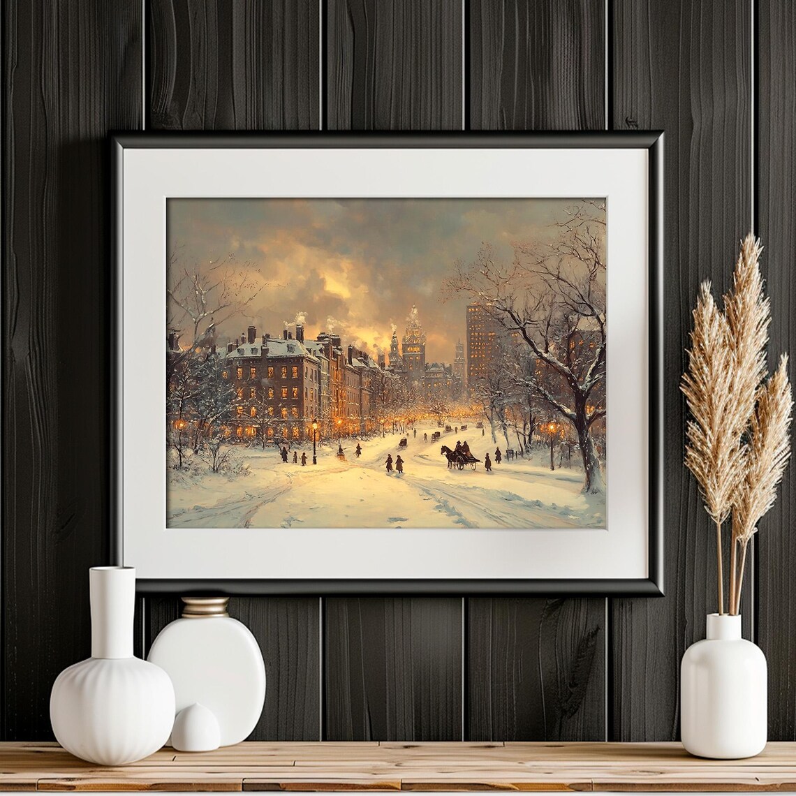 Victorian Snowy Avenue Townhouses Dusk Carriage Ride View Poster - Image 4