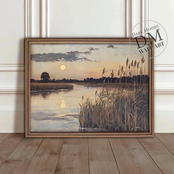 Nordic Landscape River Art Print, Moonlit Countryside
