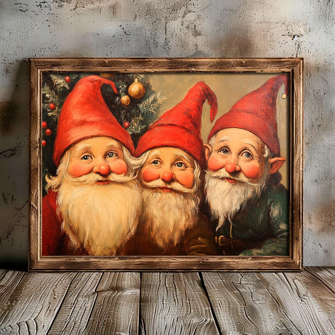 Three Cheerful Christmas Gnomes With Red Hats Vintage Wall Art - Image 2
