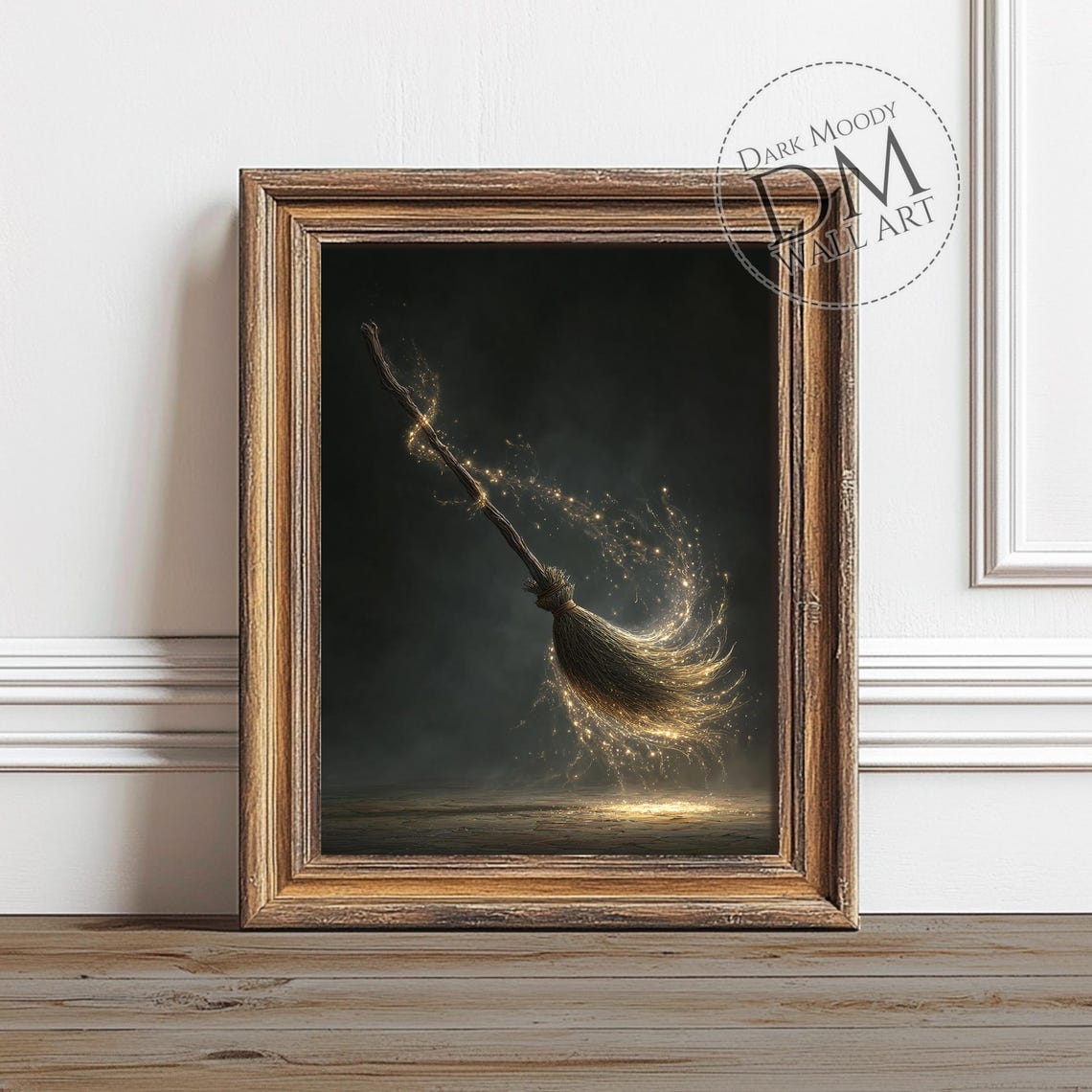 Magical Witch Broom Golden Flying Sparks Dark Gothic Poster Art