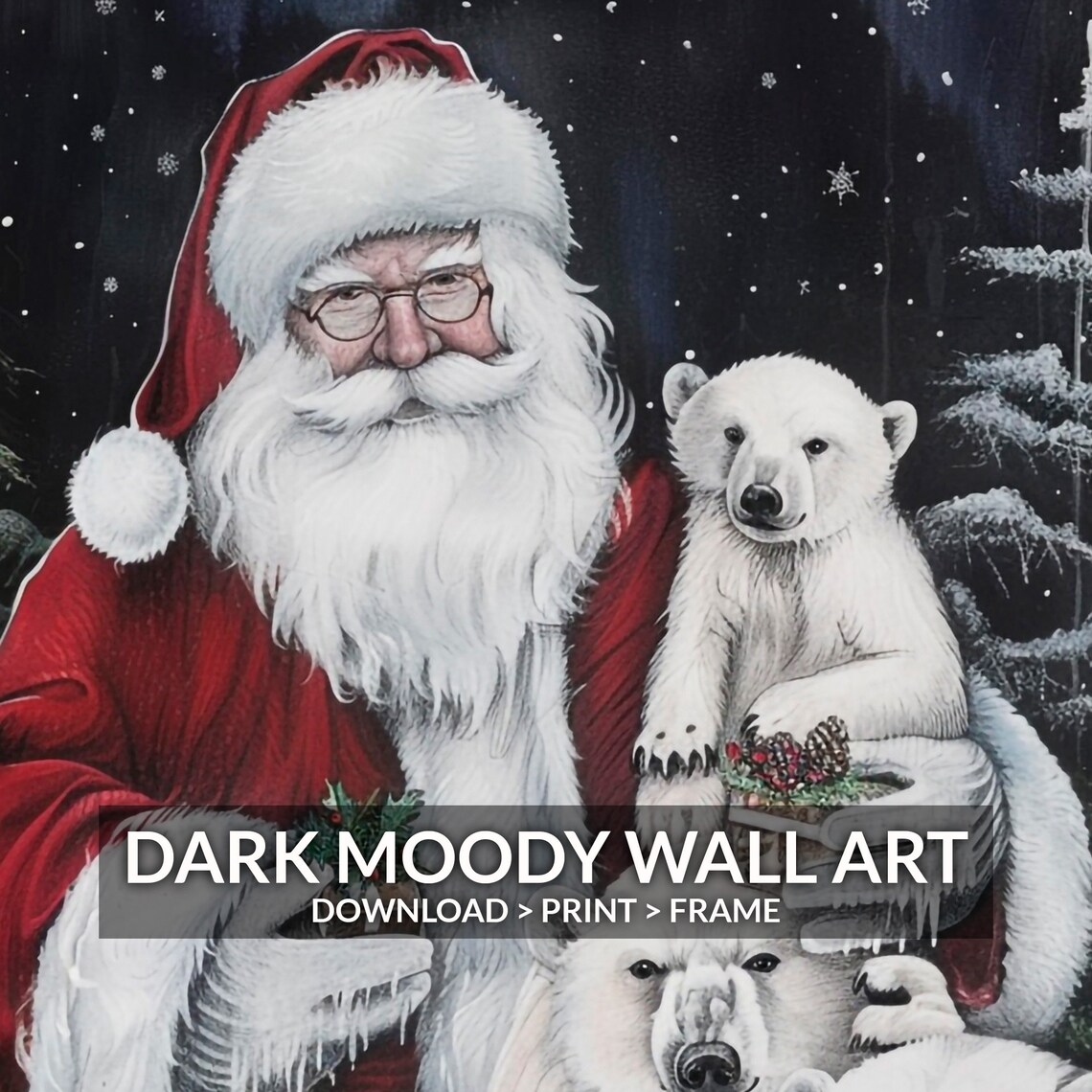 Santa Claus Polar Bear Cubs Snowy Forest Christmas Painting Poster - Image 2