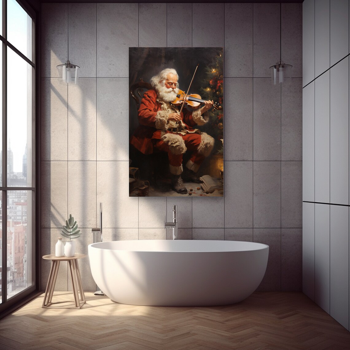 Santa Claus Playing Violin Christmas Candlelight Painting Poster - Image 5