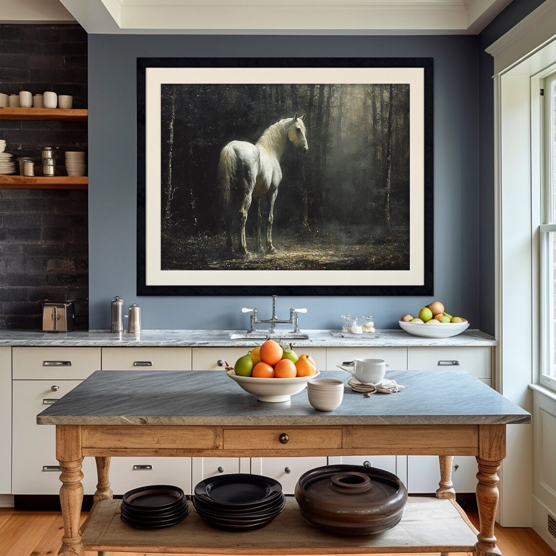 Antique White Horse Rustic Landscape Art Print - Image 4