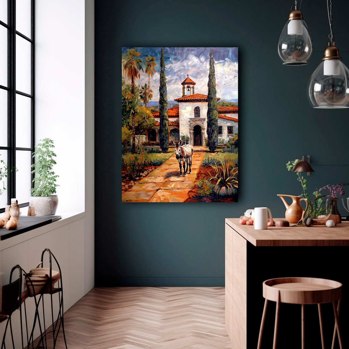 Mexican Burro Donkey Mission Church Cypress Trees Sunny Art Print - Image 2